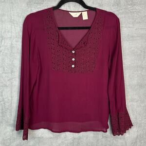 J Jill Top Womens Small Burgundy 100% Silk Embroidered Sheer Stretch Long Sleeve